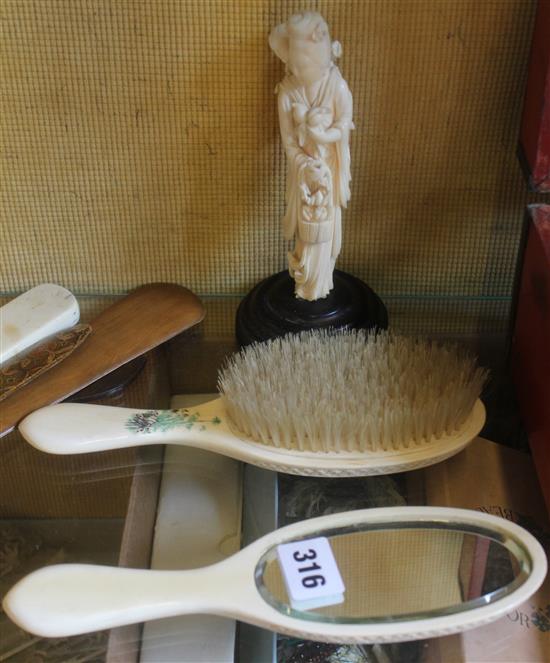 Ivory figurine & carved mirror & brush